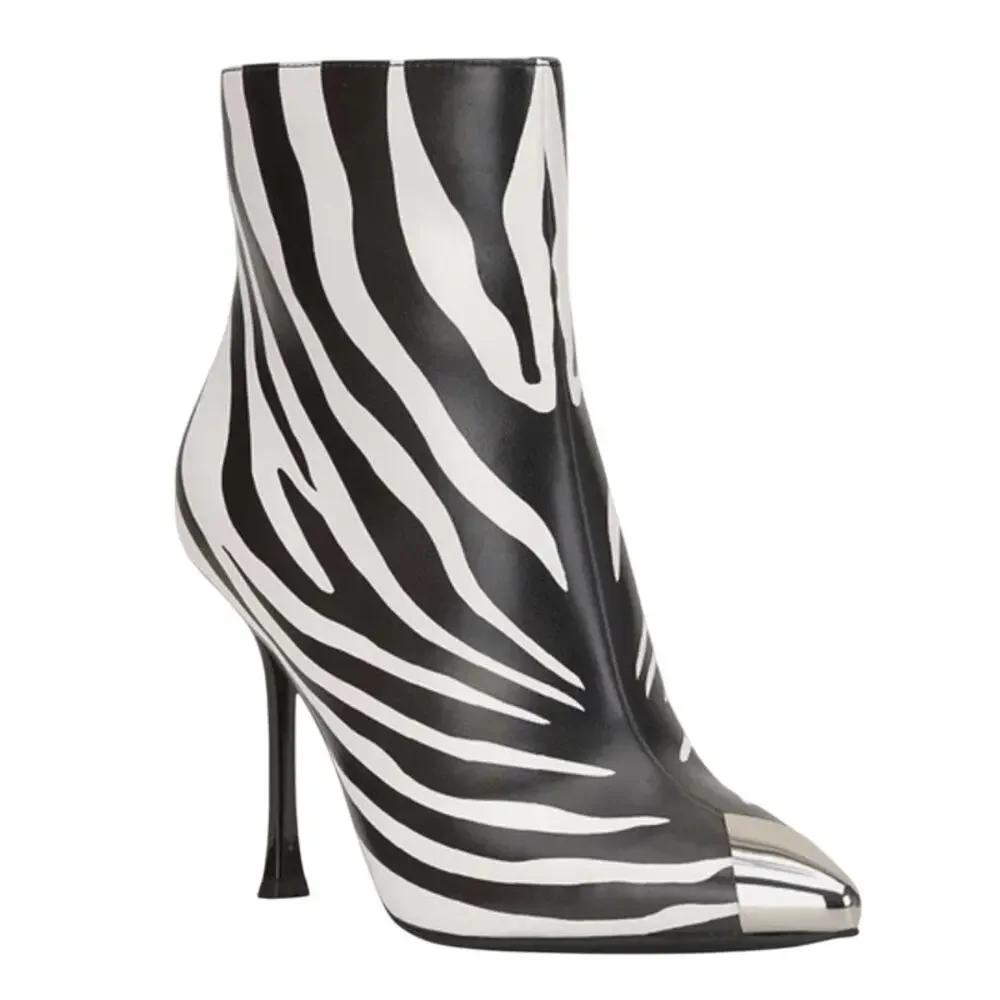 INC Womens Zebra Black Booties US 6.5 Rohese Pointed Toe Flare Zip-Up Boots